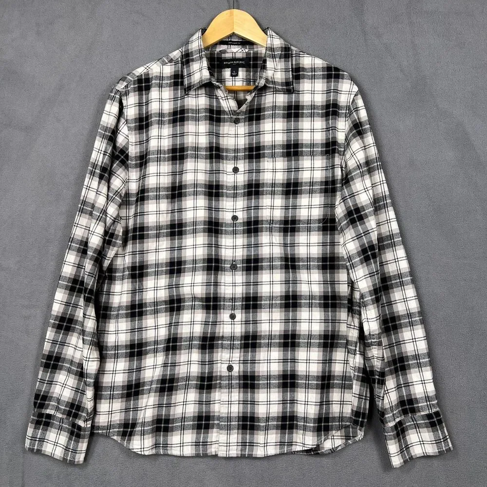 Banana Republic Plaid Untucked Shirt Men Large Black Gray White Grunge Goth Punk